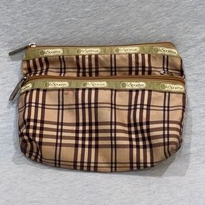 LeSportSac 2 Zipper Pouch Makeup Bag Vintage Tan Brown Burberry type Plaid RARE